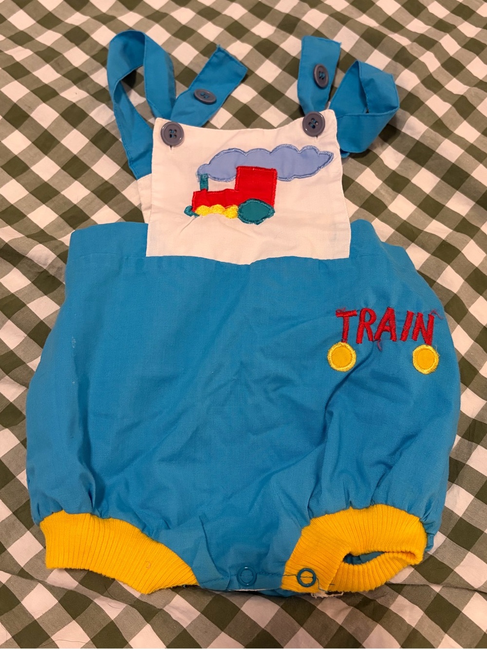Vintage Blue Train Embroidered Baby Romper